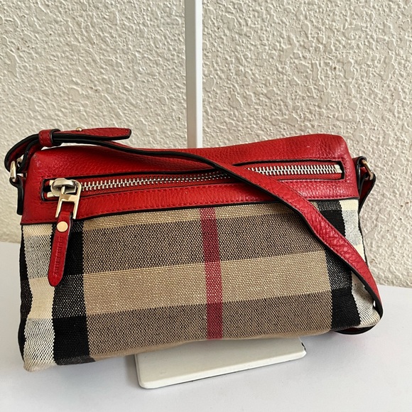 Burberry Handbags - Burberry Red Leather Trim Plaid Crossbody Bag